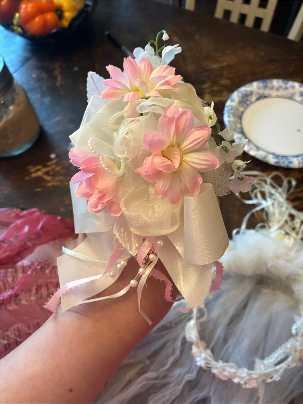 Hand Crafted Pink and White Floral Wrist Corsage